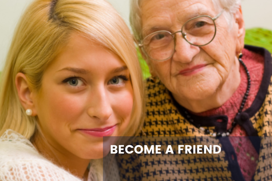 blonde woman and elderly lady smiling