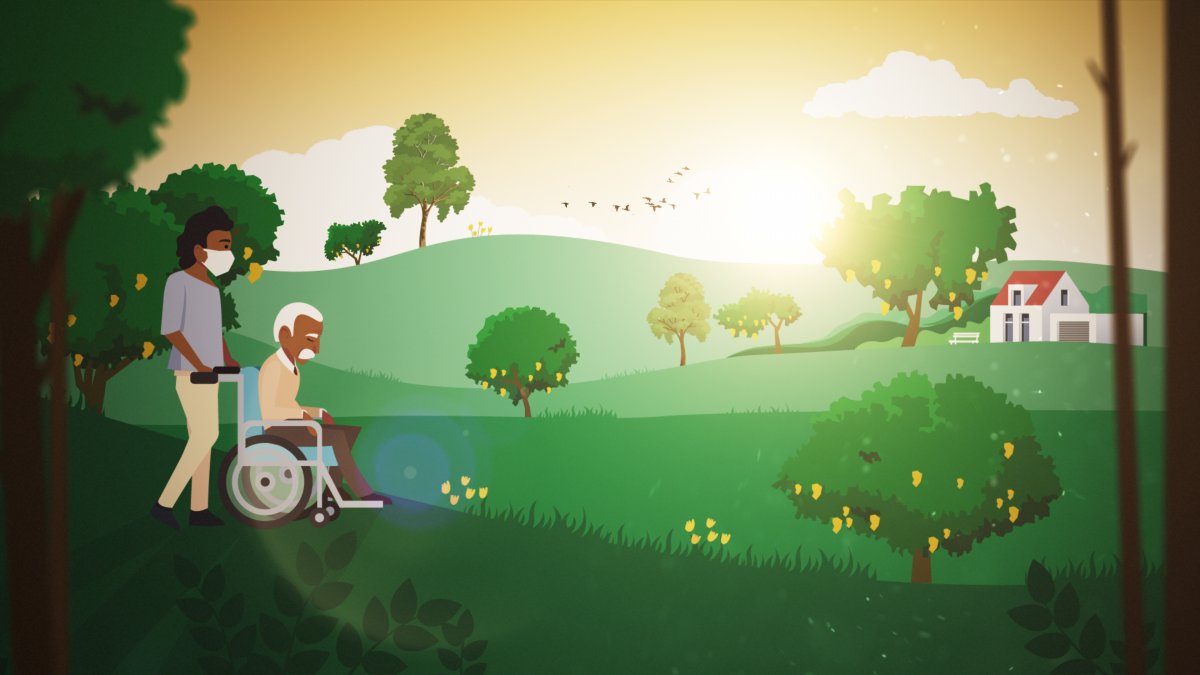 Illustration of old man in wheelchair wheeled towards sunset