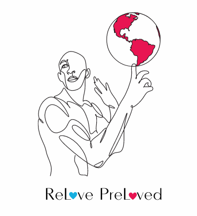 pen outline of man holding globe on finger relove preloved logo