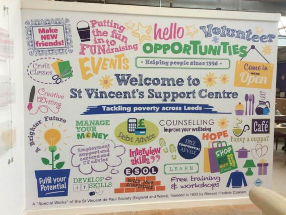 White notice board of services and events offered by St vincent's leeds